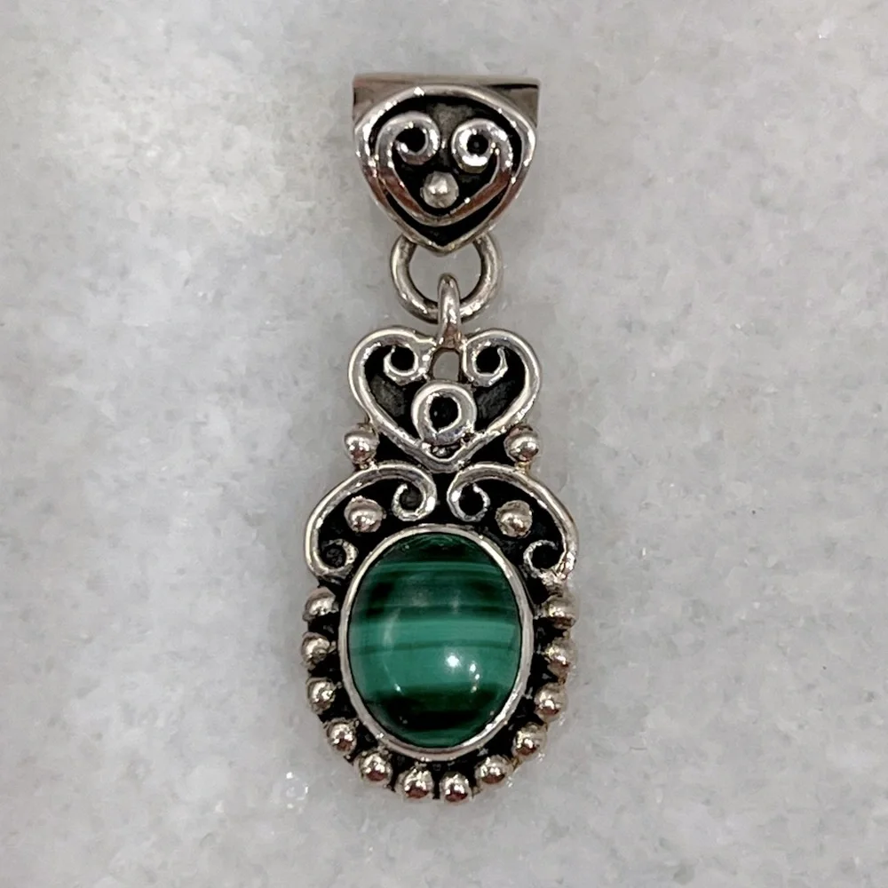 Malachite Sterling Silver Pendant 18” Necklace
